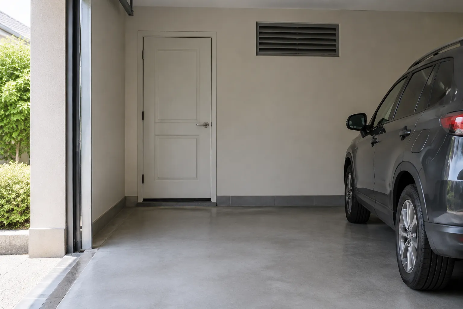 Pintu menuju rumah dan kisi udara pada dinding garasi