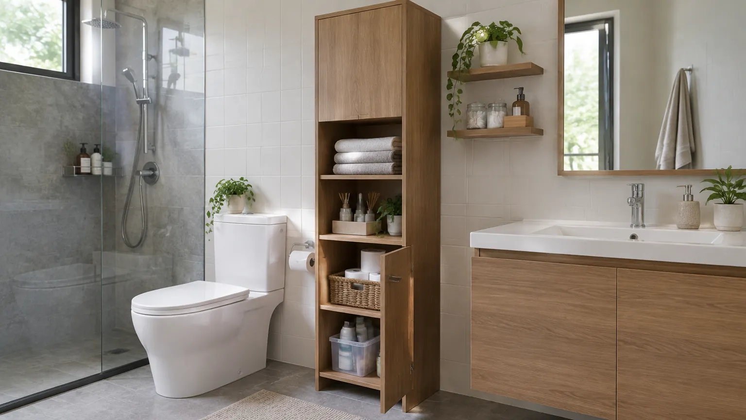 Kamar mandi dengan rak dan kabinet di samping wastafel