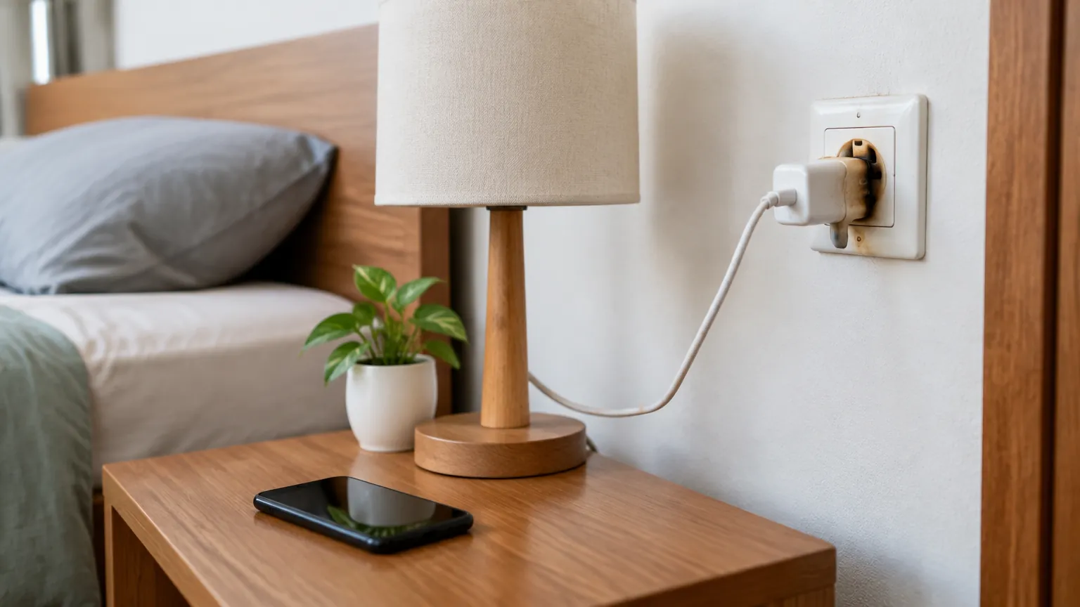 Lampu meja dan kabel listrik di samping tempat tidur