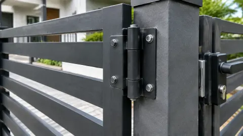 Engsel logam pada gerbang besi abu-abu