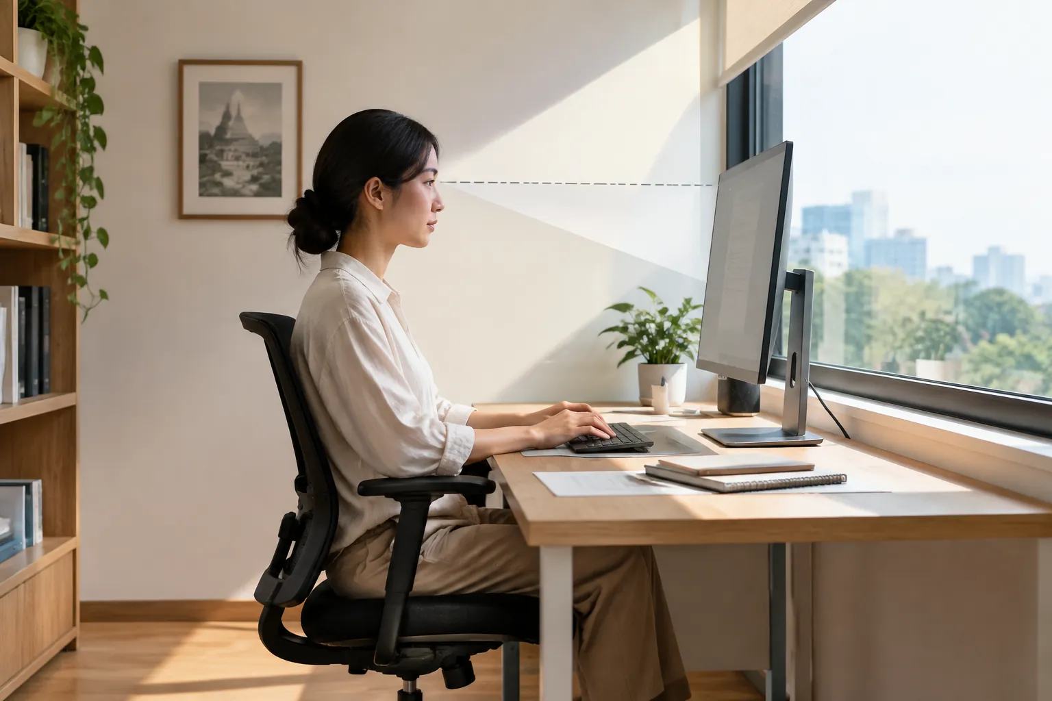 Pekerja duduk di meja dekat jendela dengan monitor