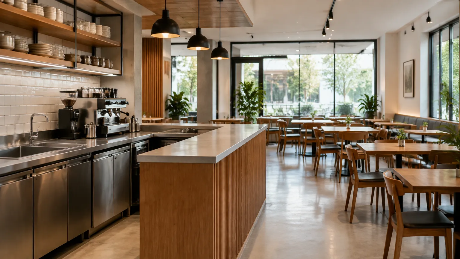 Area bar dan ruang makan restoran dalam satu ruang