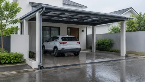 Carport berkanopi dengan lantai basah setelah hujan