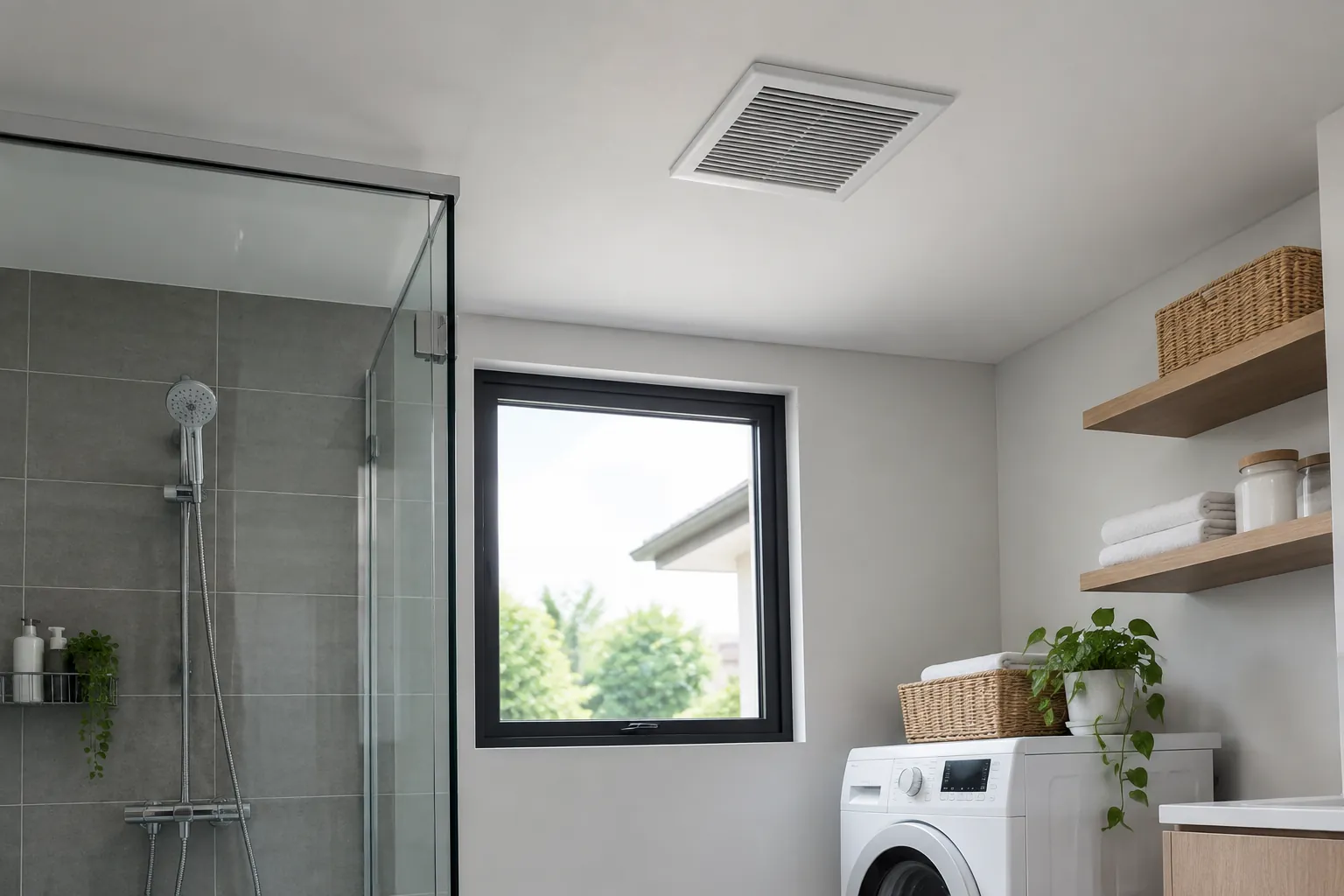 Kisi ventilasi plafon di atas ruang cuci dengan pancuran