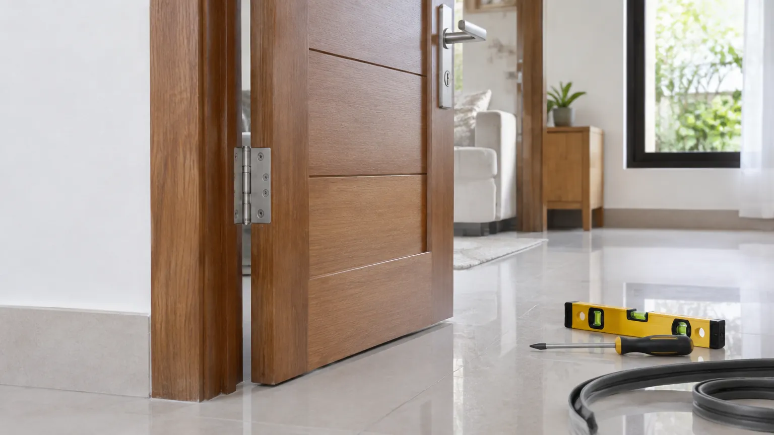 Pintu kayu terbuka dengan ambang dan lantai keramik terlihat