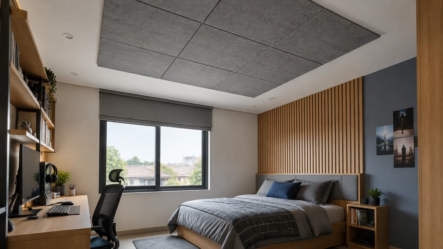 Kamar remaja dengan panel plafon berwarna abu-abu