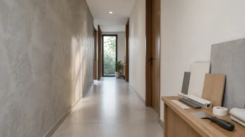 Lorong rumah dengan dinding bertekstur dan sampel panel