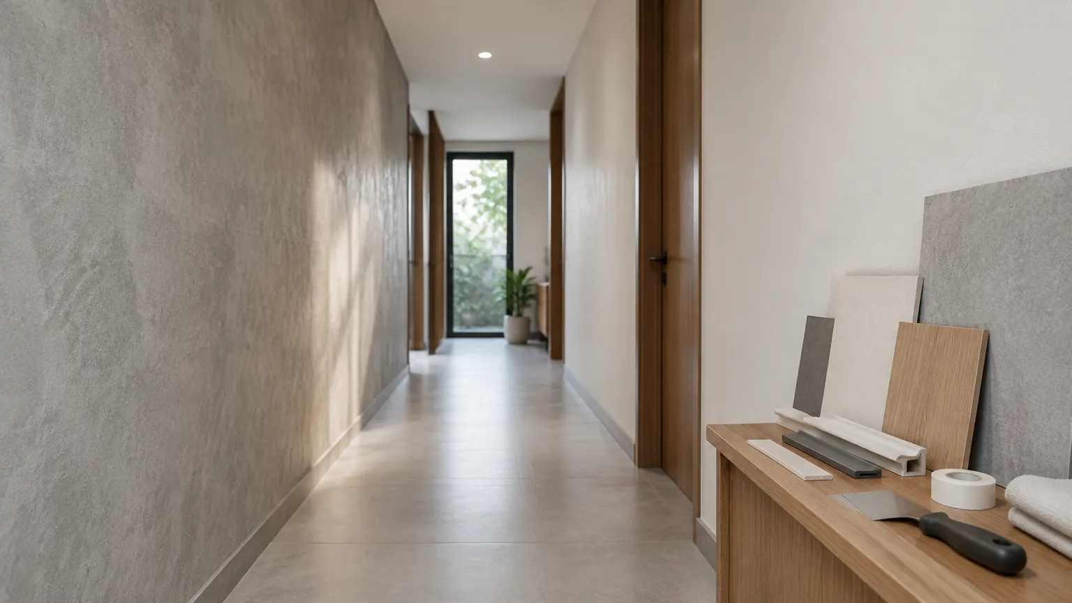 Lorong rumah dengan dinding bertekstur dan sampel panel