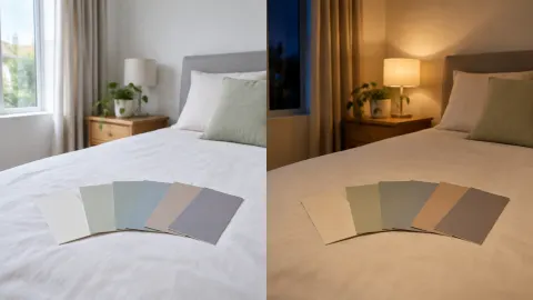 Sampel warna di atas tempat tidur dalam cahaya berbeda