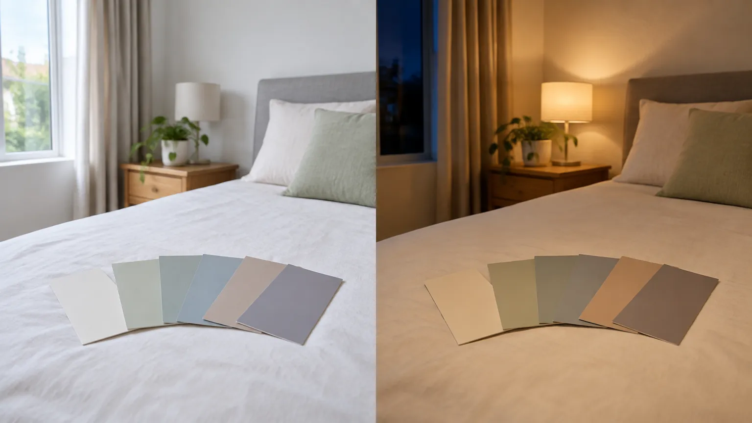 Sampel warna di atas tempat tidur dalam cahaya berbeda