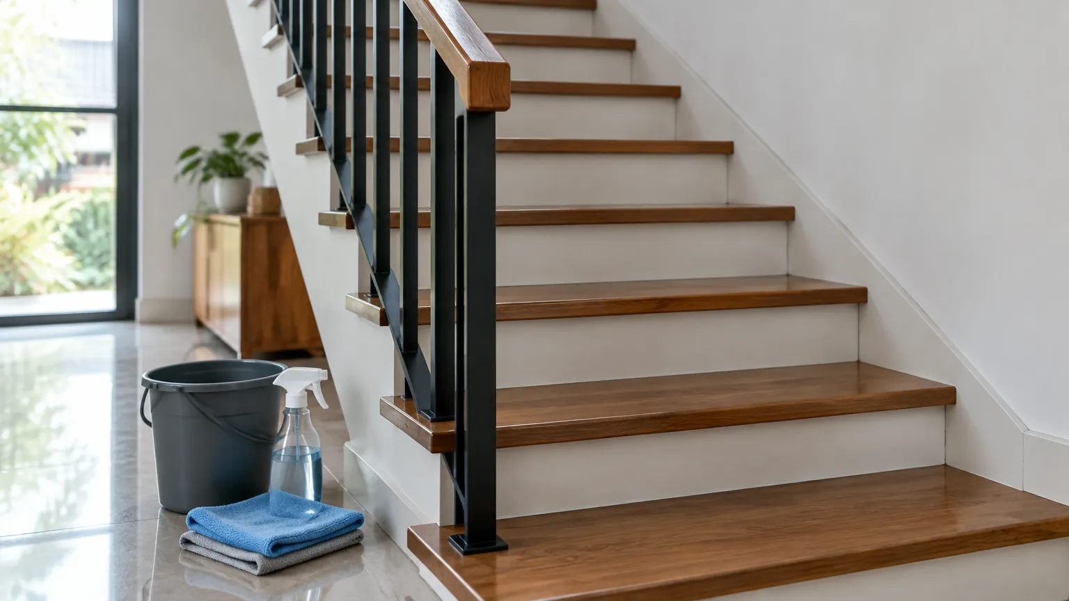 Tangga kayu dengan railing logam dan perlengkapan pembersih