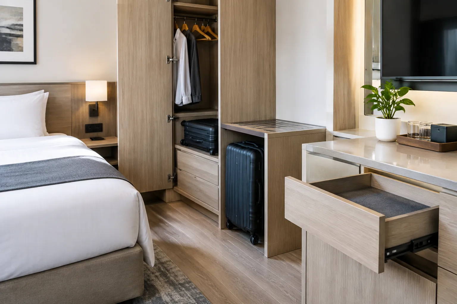 Kabinet kamar hotel terbuka memperlihatkan rak koper dan laci