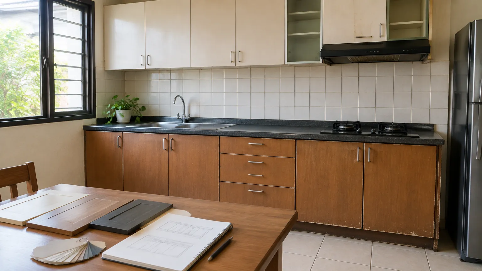 Kitchen set lama dengan pintu kayu dan meja hitam