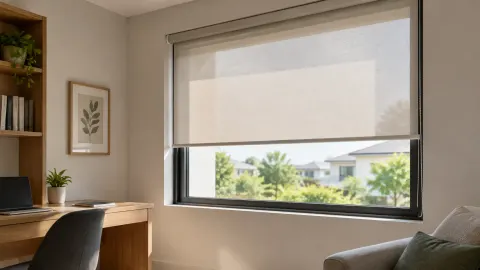 Tirai shading putih menutup sebagian jendela ruang kerja