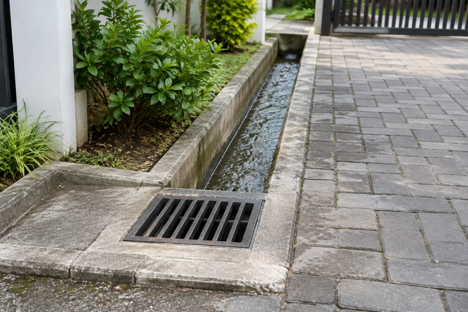 Saluran drainase dengan kisi di tepi jalur rumah