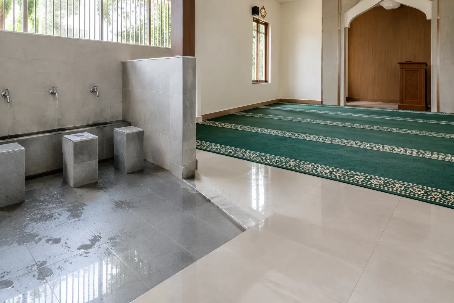 Area wudu berbatasan dengan lantai ruang musala