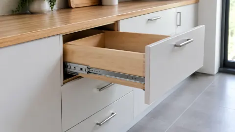 Laci furnitur yang terbuka dengan rel logam