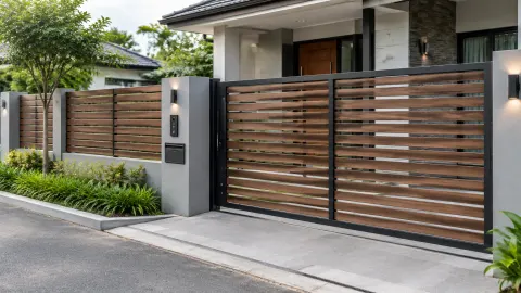 Pagar bilah kayu dan logam di depan rumah