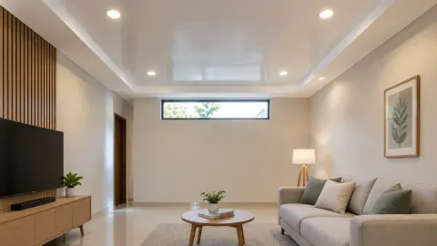 Ruang tamu dengan lampu plafon dan jendela kecil tinggi