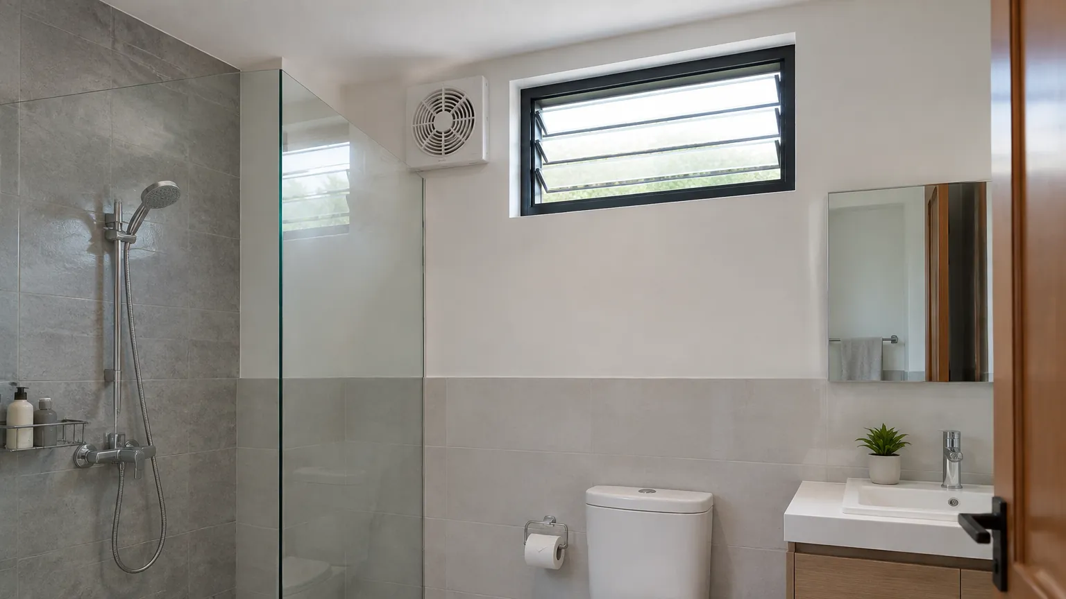 Jendela dan kipas ventilasi pada dinding kamar mandi