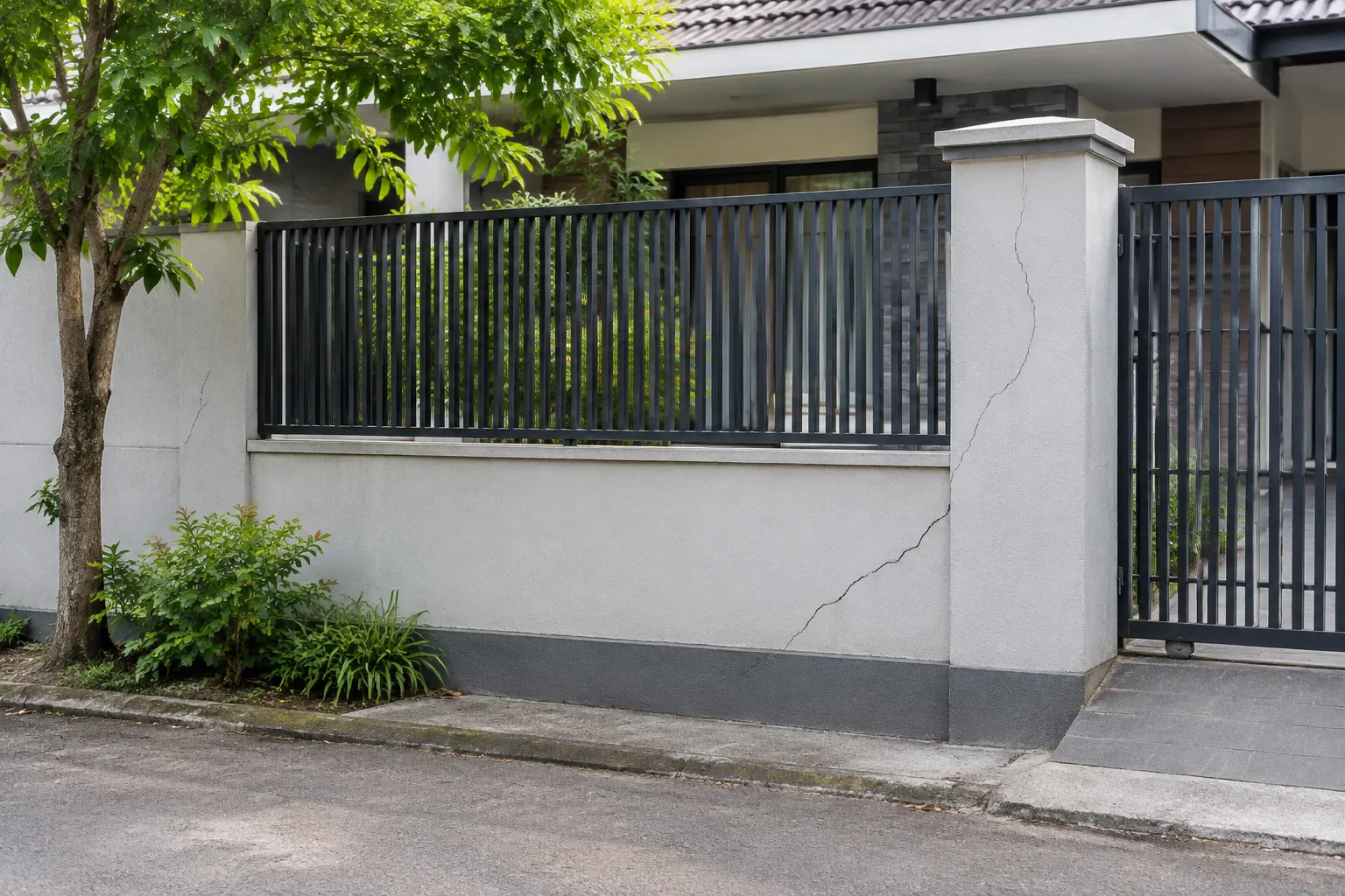 Retak pada dinding pagar terlihat di dekat gerbang rumah