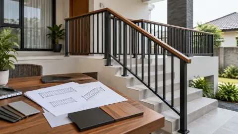 Tangga rumah dengan railing logam hitam dan pegangan kayu
