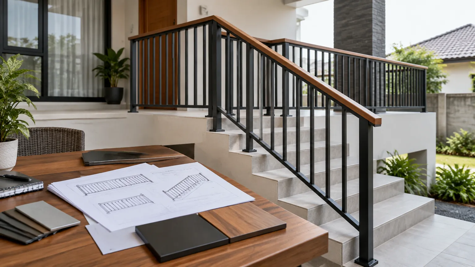 Tangga rumah dengan railing logam hitam dan pegangan kayu