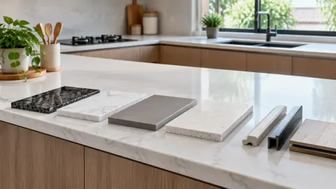 Contoh beberapa bahan meja dapur di atas island dekat jendela