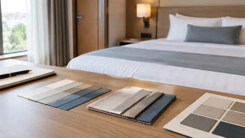Sampel kain dan pelapis kamar hotel tersusun di depan tempat tidur