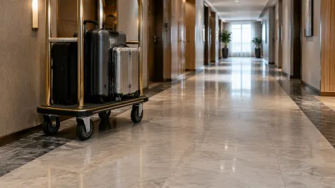 Troli koper di koridor hotel berlantai mengilap