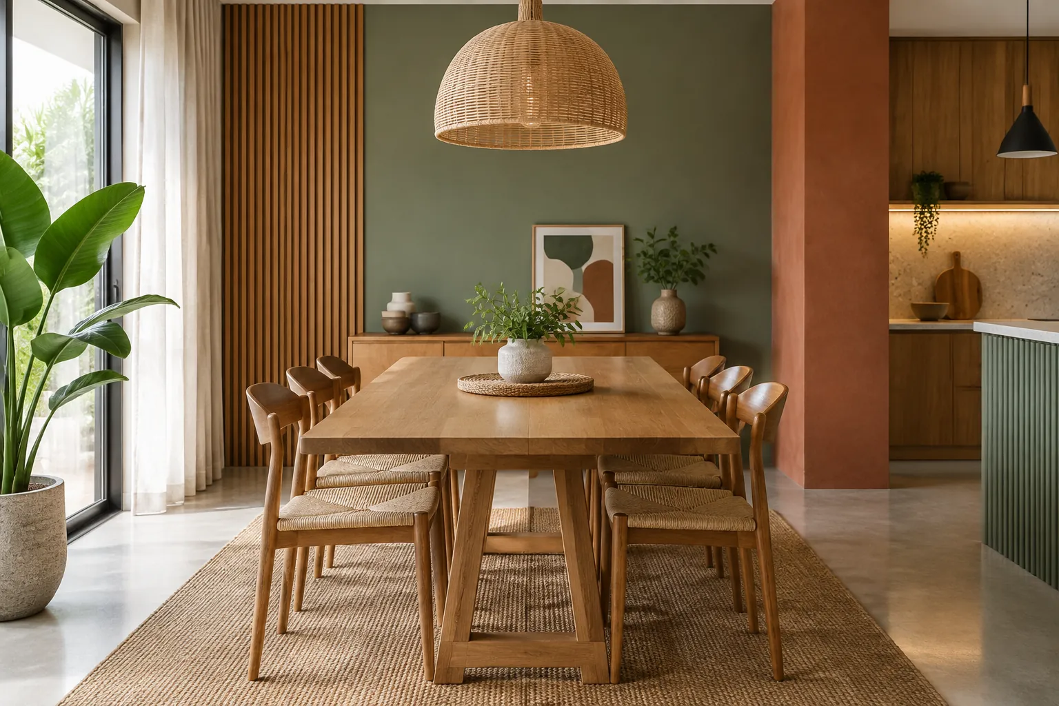 Ruang makan dengan warna dinding dan material alami