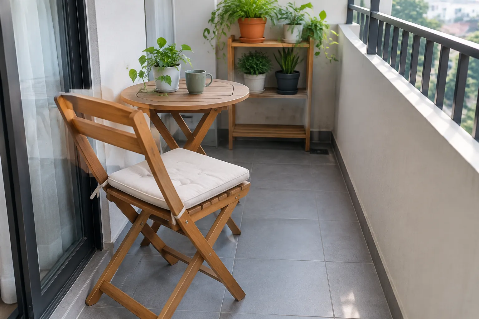 Sepasang kursi lipat dan meja kecil di balkon