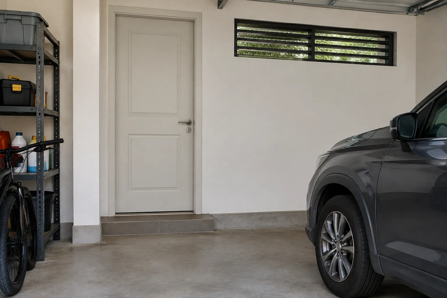 Pintu rumah di sisi garasi tempat mobil terparkir