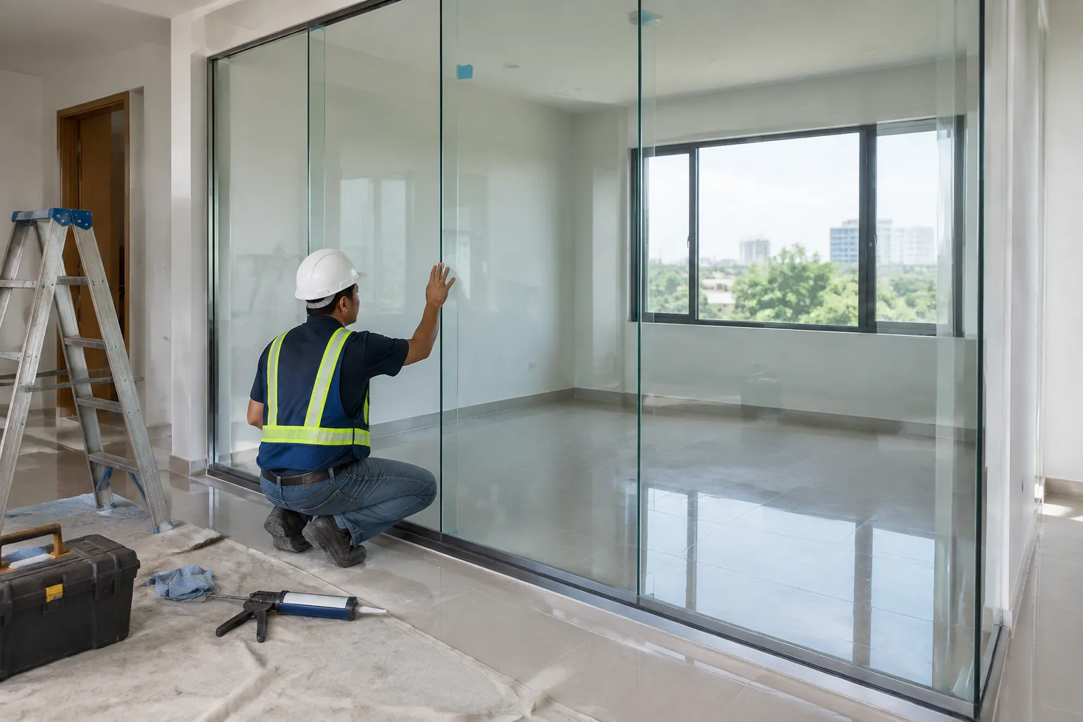 Pekerja memeriksa panel kaca besar di dalam ruangan yang sedang dibangun