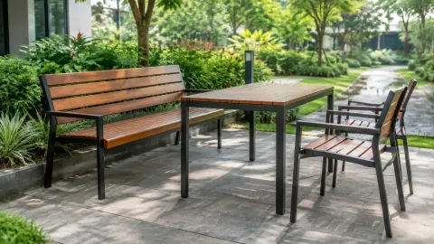 Bangku dan meja taman pada area perkerasan dengan tanaman sekeliling