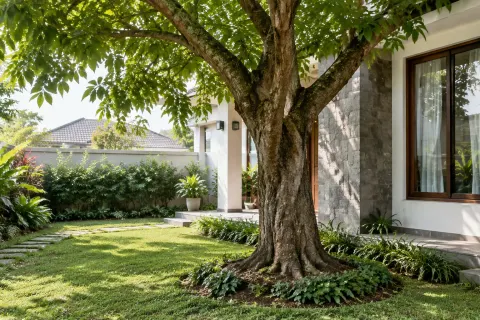 Pohon besar dekat rumah dengan area tanah dan tanaman di pangkalnya