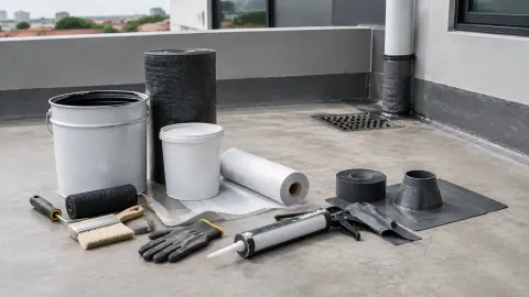 Bahan pelapis kedap air dan alat kerja di lantai