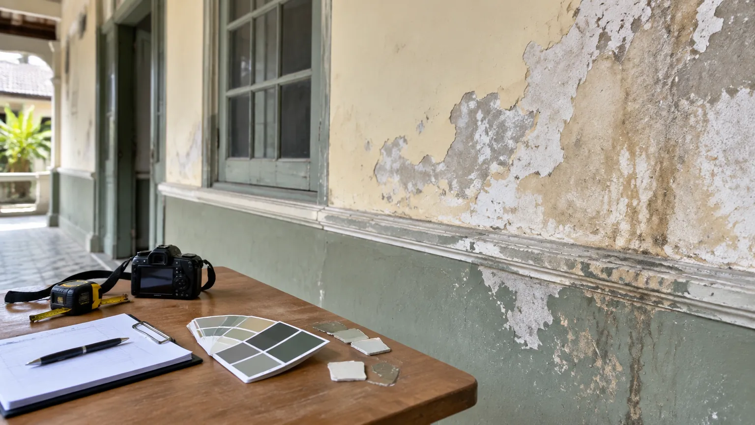Sampel warna di depan dinding lama yang mengelupas