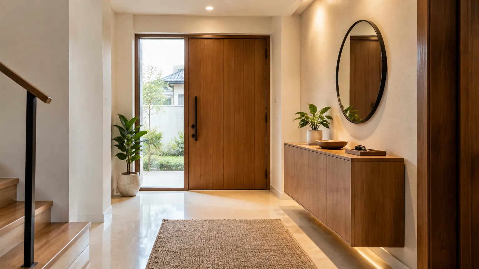 Foyer terang dengan pintu kayu, kabinet, dan cermin dinding