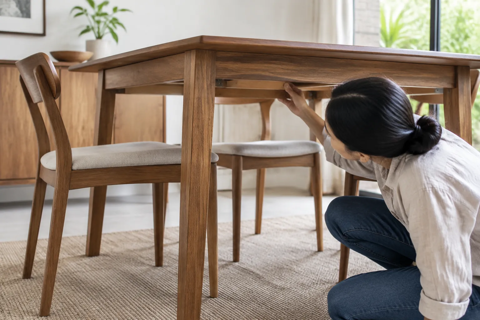 Seseorang memeriksa bagian bawah meja makan kayu