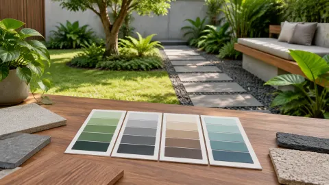 Sampel warna untuk lanskap disusun di depan taman rumah