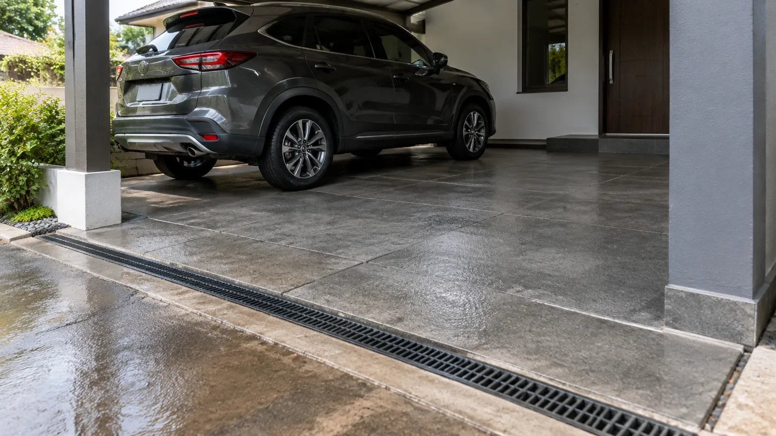 Mobil di atas lantai carport dengan saluran drainase pada tepi masuk