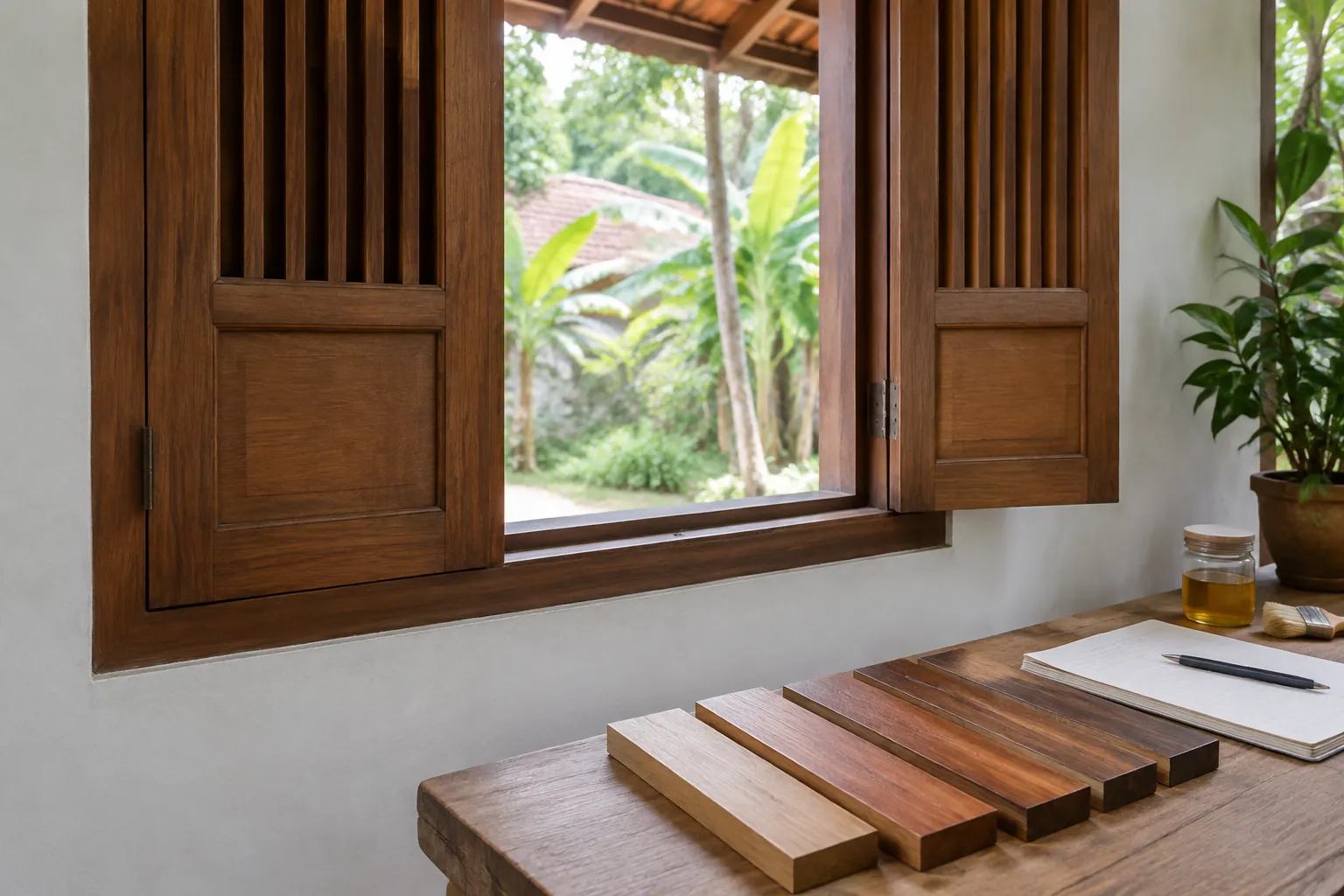 Contoh bilah kayu di depan jendela rumah tradisional
