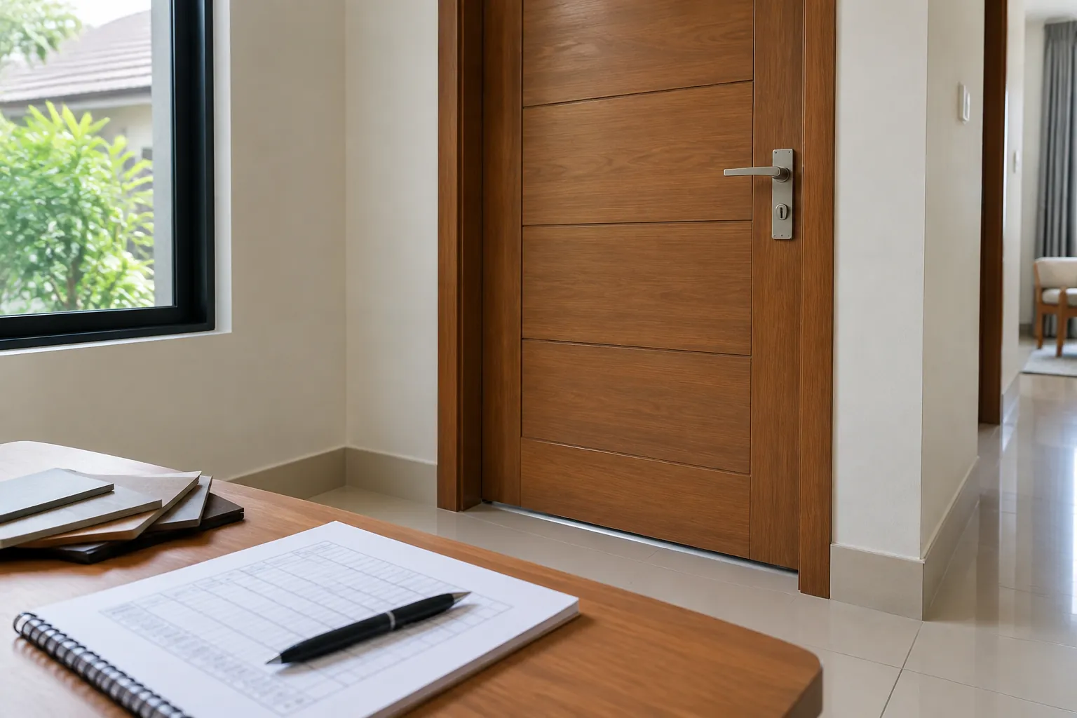 Catatan pemeriksaan di meja depan pintu kayu