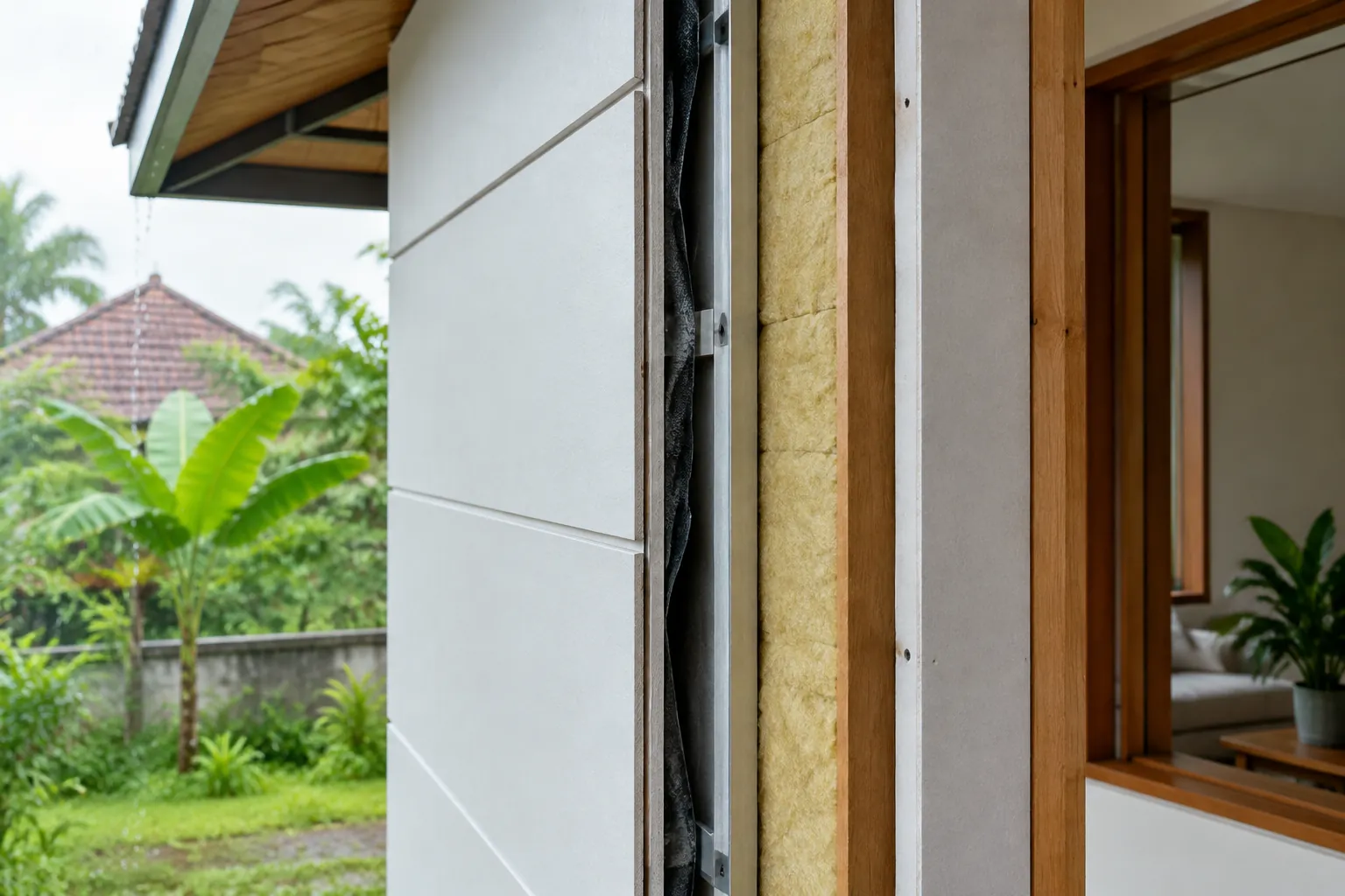 Penampang dinding luar menunjukkan lapisan panel dan insulasi