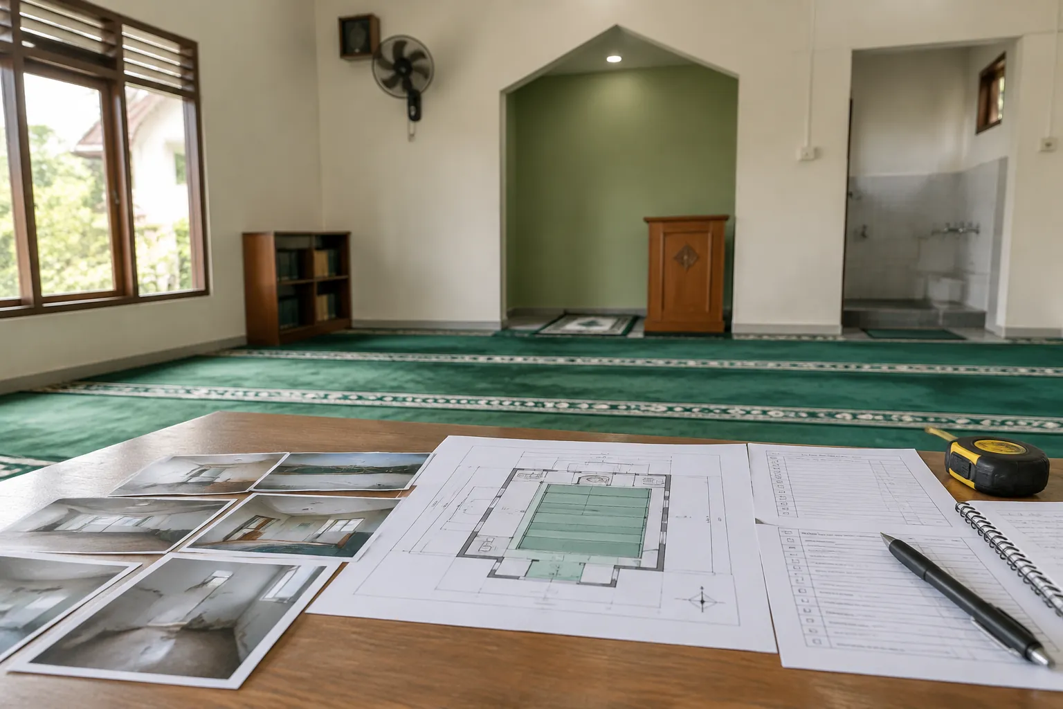 Gambar rencana di meja depan area salat musala