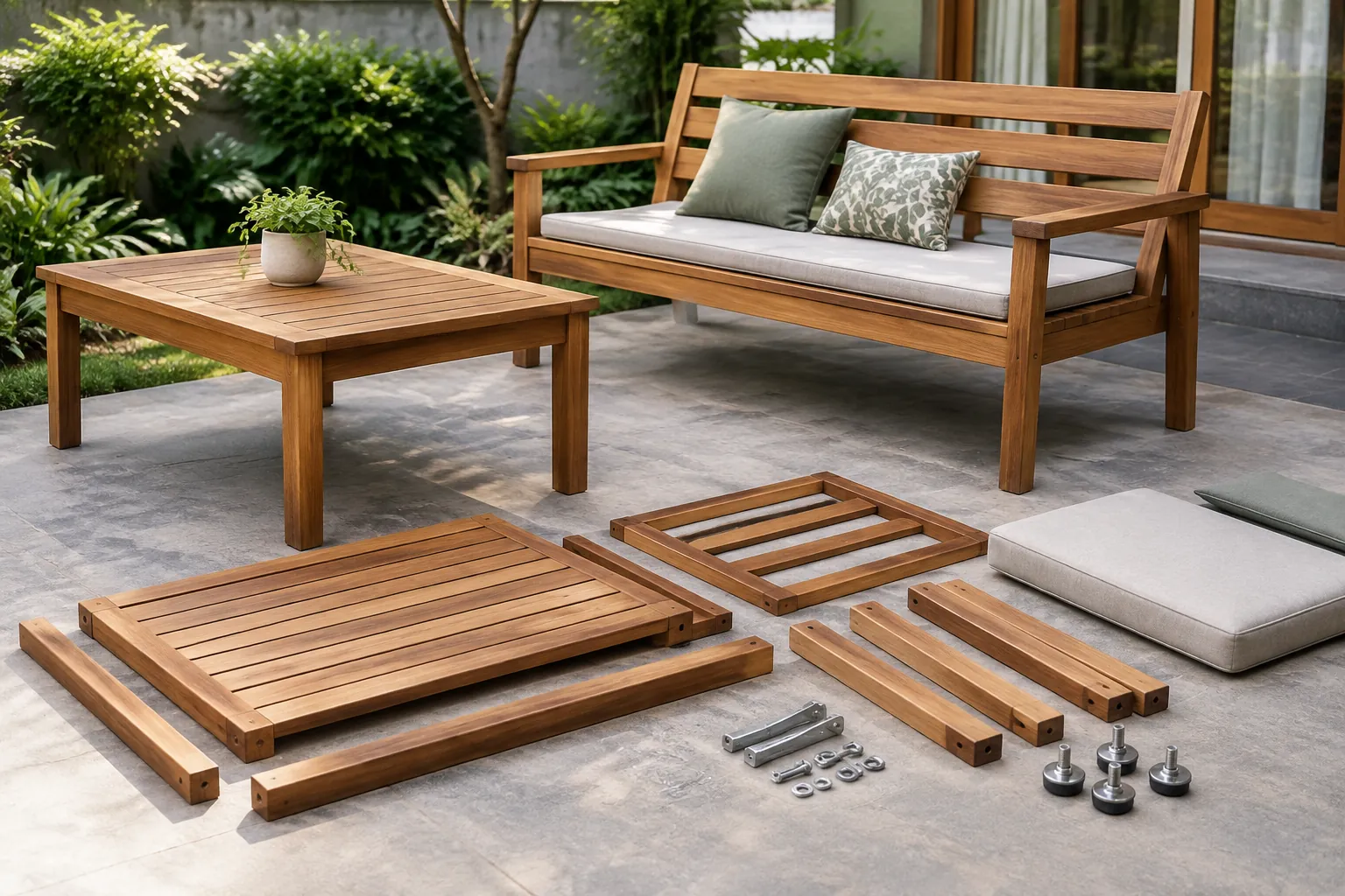 Komponen kayu dan perangkat furnitur di depan kursi luar ruang
