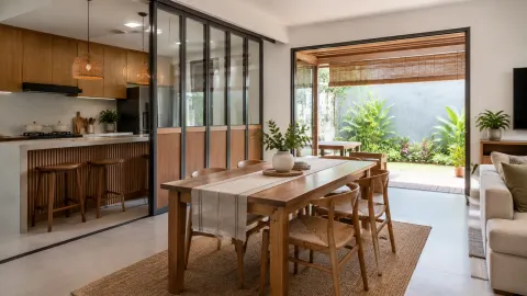 Ruang makan terbuka ke teras dan taman dengan meja kayu