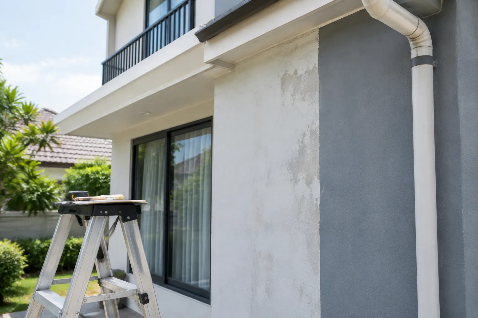 Dinding fasad rumah dengan bagian lapisan yang belum selesai