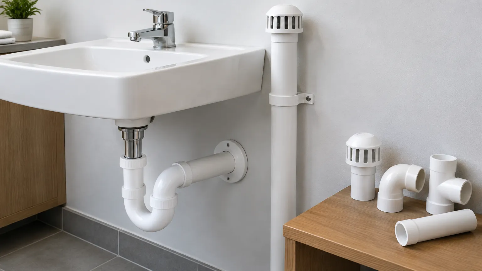 Wastafel dengan pipa pembuangan dan komponen ventilasi